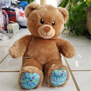 Build A Bear Happy Birthday Brown Bear Teddy Blue Feet Plush 15”.